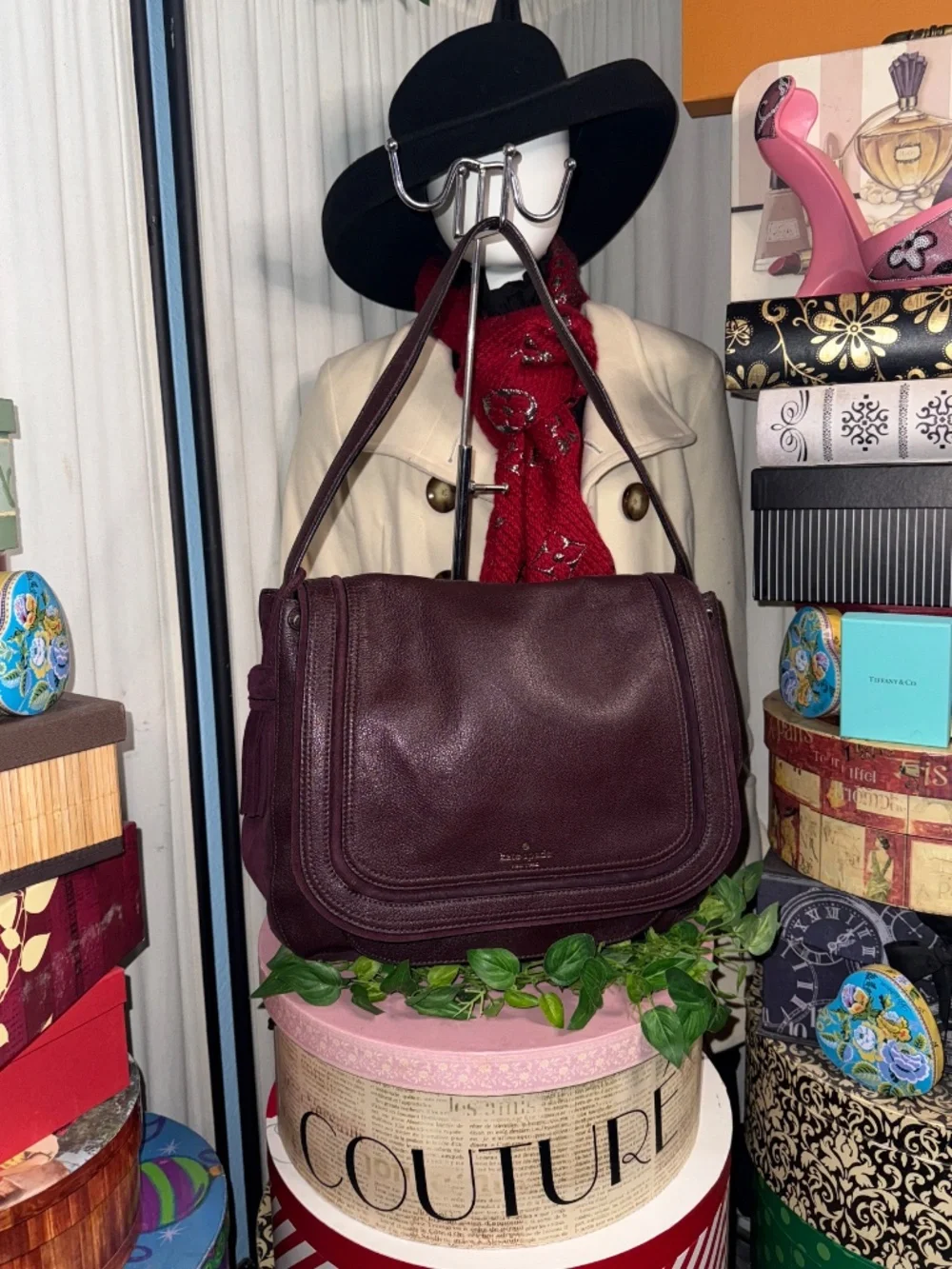 KATE SPADE RICH DARK BURGUNDY SUEDE LEATHER LARGE TASSEL BAG!